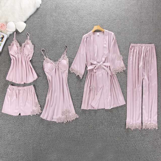 Eleganter, fünfteiliger, erotischer Satin Pyjama, Nachtwäsche für Frauen